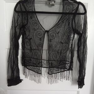 Ash Sheer Embroidered Fringe Cardigan - Black
